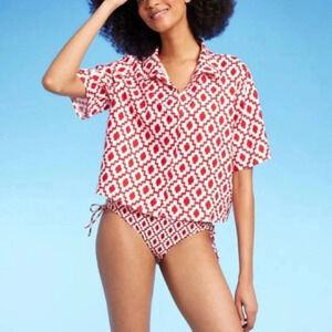 Shade & Shore™ Cropped Button-Up Short Sleeve Cover Up Top - Size XL - Red - NWT